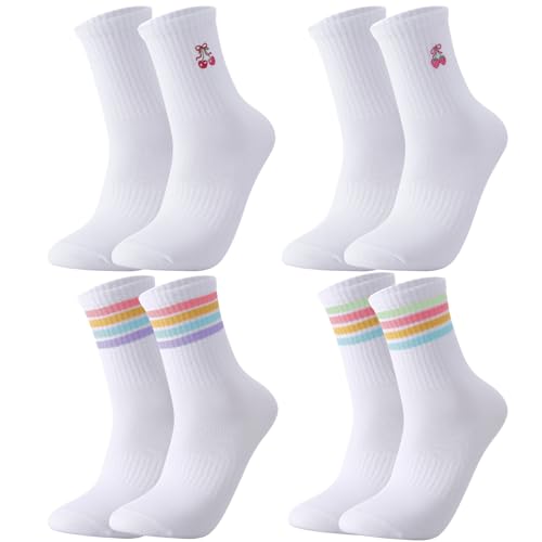 4 Paar Tennissocken Socken 38-42, Weiße Socken Damen Herren Tennissocken Sportsocken mit Streifen Erdbeer Kirsche Muster, Atmungsaktive Tennis Socke Lässig Arbeitssocken von Utensilsto