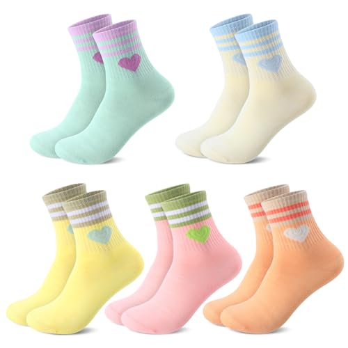 Utensilsto 5 Paar Socken Damen mit Herz 33-37,Sportsocken Retro Streifen Tennissocken, Mädchen Baumwolle Socken Laufsocken Crew Socks(Mehrfarbig) von Utensilsto