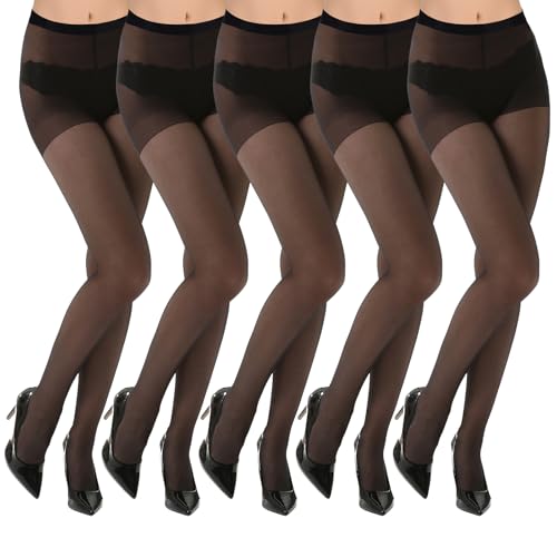 Utensilsto 5er Pack Strumpfhosen Damen Transparente Strumpfhose 20 DEN Verstärkte Feinstrumpfhose Transparent Reißfest mit verstärkten Zehen,schwarze Strumfphosen Damen für Alltag von Utensilsto
