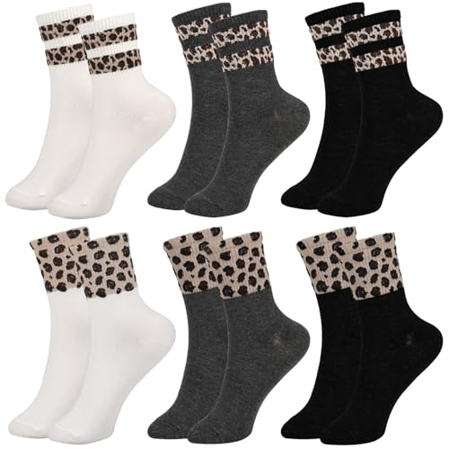 Utensilsto 6 Paar Damen Crew Socken 35-42, Damensocken Baumwollsocken Mädchen mit Leopardenmuster Socken Leopardsocken Damen Sportsocken für Freizeitkleidung (Frühling und Herbst) von Utensilsto