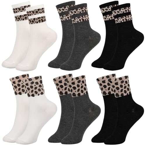 Utensilsto 6 Paar Tennissocken Damen 35-38 Crew Socken, Leopardenmuster Laufsocken Sportsocken Sneaker Socken für Freizeitkleidung von Utensilsto