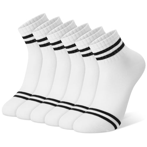 Utensilsto 6er Pack Socken Damen 35-38 Tennissocken Kurz Sportsocken Weiße Sneaker Socken mit Streifen Retro Sneakersocken Quarter Baumwollesocken Knöchelsocken für Tennis Sport Lauf von Utensilsto