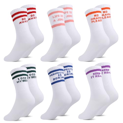 Utensilsto 6 Paar Tennissocken Damen Herren Sportsocken Weiße Baumwollesocken Spruch Hip Hop lustige Socken Geschenke Lässige Socken für Männer und Frauen 38-42(Lila+Blau+Rosa+Schwarz+Orange+Rot) von Utensilsto