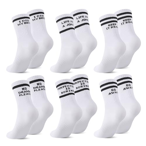 Utensilsto 6 Paar Tennissocken Damen Herren Sportsocken Weiße Baumwollesocken Spruch Hip Hop lustige Socken Geschenke Lässige Socken für Männer und Frauen 38-42(Schwarz) von Utensilsto