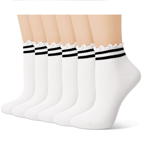 Utensilsto 6 Paar Socken mit Rüschen Damen Gestreifte Rüschen Socken Weiß Gestrickt Crew Socks EU 35-40, Knöchelsocken Atmungsaktives Süße Rüschensocken für Damen Mädchen von Utensilsto