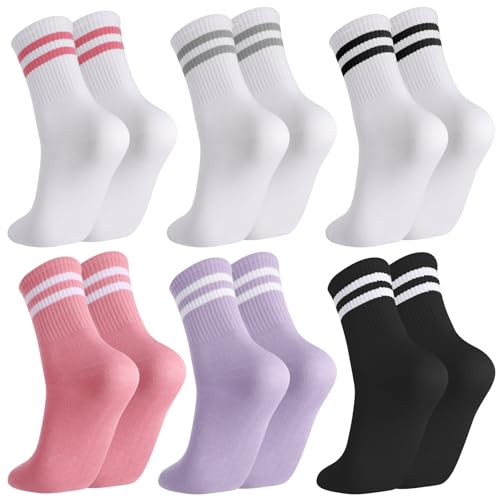Utensilsto 6 Paar Tennissocken Damen, Baumwolle Sportsocken mit Streifen Retro Tennis Socken Atmungsaktive Bunte Crew Socken 39-42 von Utensilsto