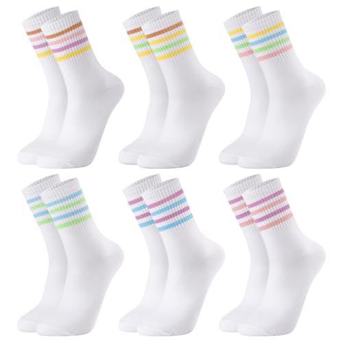 Utensilsto 6 Paar Tennissocken Damen 39-42 Sportsocken Damen Herren Retro Tennis Sport Socken Weiß Socken mit Streifen Motiv Laufsocken Baumwollsocken für Lauf Arbeit Tennis Sport von Utensilsto