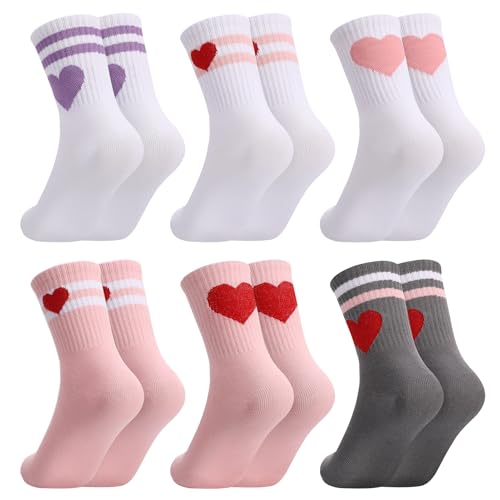 Utensilsto 6 Paar Tennissocken für Damen Sportsocken Damen 35-38 Weiß Socken mit Streifen Herz Laufsocken Tennis Sport Socken mit Streifen Crew Socks Arbeitssocken von Utensilsto