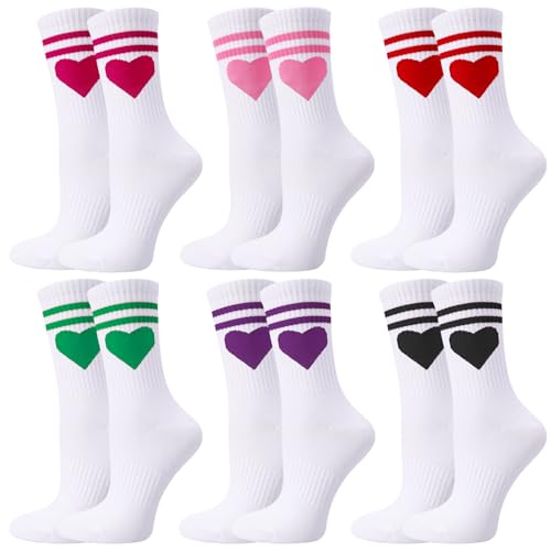 Utensilsto 6 Paar Herz Tennissocken für Damen Sportsocken Damen 39-42 Weiß Socken mit Streifen Herz Crew Socks Laufsocken Tennis Sport Socken mit Streifen Arbeitssocken von Utensilsto