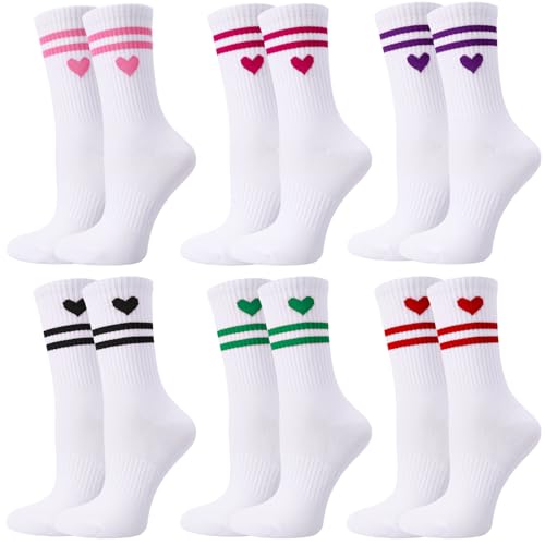 Utensilsto 6 Paar Herz Tennissocken für Damen Sportsocken Damen 39-42 Weiß Socken mit Streifen Herz Laufsocken Tennis Sport Socken mit Streifen Crew Socks Arbeitssocken von Utensilsto