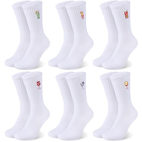 Utensilsto 6 Paar Weiß Tennissocken Socken Damen Herren 39-42 Crew Socks mit Motiv, Sportsocken mit Cocktail, Unisex Sport-Socken Atmungsaktive Tennis Socken Arbeitssocken von Utensilsto
