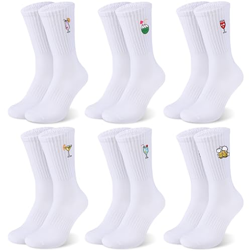 Utensilsto 6 Paar Weiß Tennissocken Socken Damen & Herren Crew Socks mit Motiv, EU 39-42 Sportsocken Lustige Socken mit Cocktail Getränke, Unisex Atmungsaktive Tennis Socken Lässig Arbeitssocken von Utensilsto