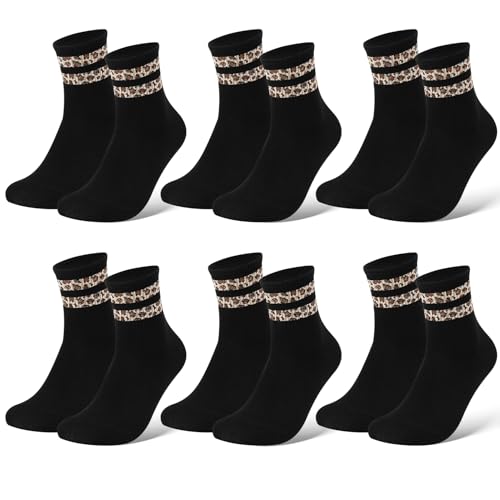 Utensilsto 6 Paare Damen Tennissocken Sportsocken, Damen Tier Muster TennisSocken Atmungsaktive Gestreifte Socken Damen Baumwolle Mittelrohrsocken, Retro Crew Socken 37-41(Schwarz) von Utensilsto