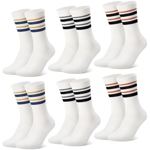 Utensilsto 6 Paare Damen Tennissocken Streifen Sportsocken, Atmungsaktive Tennissocken Gestreifte Socken Damen Baumwolle Mittelrohrsocken, Retro Socken Crew Socken 38-42 von Utensilsto