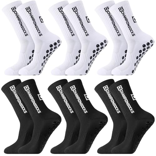 Utensilsto 6 Paare Fußballsocken 40-44 Fußball Socken, Sportsocken für Herren Damen Anti Rutsch Grip Fussball Socken Champion Socken（Schwarz * 3, Weiß * 3） von Utensilsto