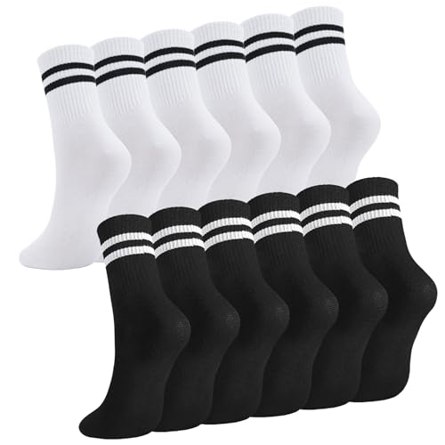 Utensilsto 6 Paare Sportsocken Herren Damen, 38-43 Tennissocken Lange Baumwollsocken Weiß Schwarz Laufsocken Freizeitsocken Streifen Sport Socken für Herren Damen von Utensilsto