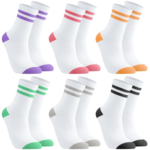 Utensilsto 6 Paare Tennissocken Damen 38-42 Sportsocken Baumwollsocken Bunt Retro Tennis Sport Socken mit Streifen Motiv Crew Socks für Tennis Sport Lauf von Utensilsto