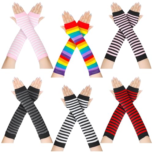 Utensilsto 6 Paare Striped Armstulpen Damen Winter Arm Warmers Lange Fingerlose Handschuhe Damen Gestreifte Strick Armwärmer Warme Bunt Arm Stulpen Winter Stretch Handschuhe für Frauen von Utensilsto