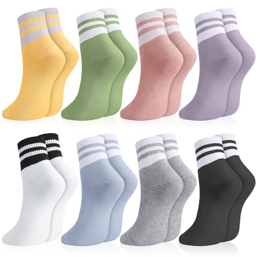 Utensilsto 8 Paar Socken Damen 38-42 Tennissocken Bunte Sportsocken Retro Damen Socken mit Streifen Motiv Baumwollsocken für Tennis Arbeit Freizeit Sport von Utensilsto