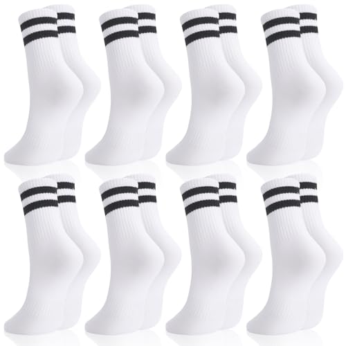 Utensilsto 8 Paare Socken Damen 35-38 Tennissocken Sportsocken Weiß Damen Socken mit Streifen Motiv Baumwollsocken für Tennis Sport von Utensilsto