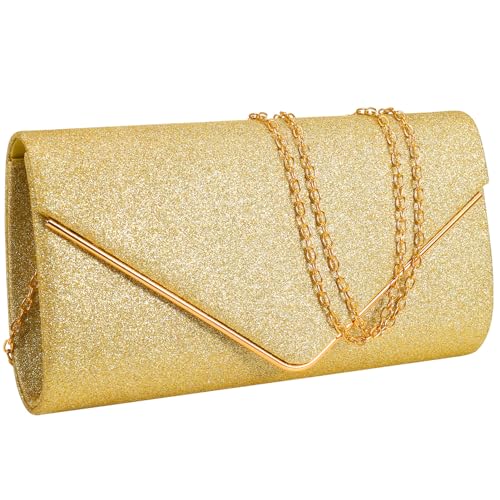 Utensilsto Abendtasche Damen Clutch, Elegant Damen Satin Clutch mit Abnehmbarer Kette, Glitzer Abendtasche Kettentasche Handtasche für Abschlussball, Hochzeit, Party (Gold) von Utensilsto