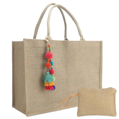 Utensilsto Jutetasche Shopper Damen mit Kosmetiktasche, 40x30cm Strandtasche Unbedruckt Jutebeutel DIY Wasserdicht Faltbare Einkaufstasche Handtasche Shopping Bag für Strand Reisen Picknick von Utensilsto