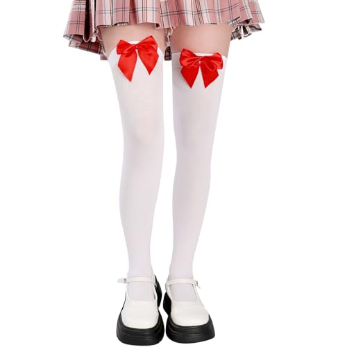 Utensilsto Strümpfe mit Schleife Overknees Strümpfe Damen Overknee Dehnbare Socken Knee High Socken Thigh High Socks Strümpfe für Karneval Kostüm, Mottoparty, Rot Schleife von Utensilsto