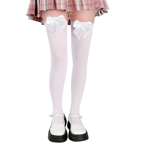 Utensilsto Strümpfe mit Schleife Overknees Strümpfe Damen Overknee Dehnbare Socken Knee High Socken Thigh High Socks Strümpfe für Karneval Kostüm, Mottoparty, Weiß Schleife von Utensilsto