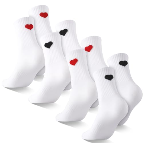 Utensilsto 4 Paar Herz Tennissocken Damen, Weiße Crew Socks mit Motiv Herzsocken Baumwolle Sportsocken Atmungsaktive Baumwollsocken Laufsocken Sneaker Socken EU 36-40 von Utensilsto