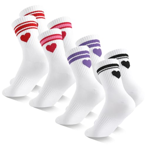 Utensilsto 4 Paar Herz Tennissocken Damen, Weiß Sportsocken mit Streifen 35-39 Laufsocken Herzsocken Baumwolle Tennis socken Sneaker Crew Socken von Utensilsto