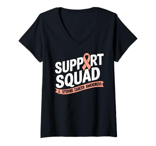 Damen Support Squad Gebärmutterkrebs-Bewusstsein Pfirsichband Krieger T-Shirt mit V-Ausschnitt von Uterine Cancer Awareness Day Month Apparel