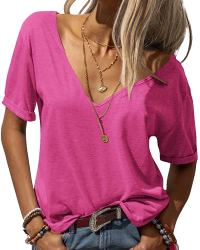 Utitrane Damen Oversize V Ausschnitt Lang T Shirt Sommer Elegant Vintage T-Shirt Kurzen Ärmeln Strand Oberteile (L, Rosenrot) von Utitrane