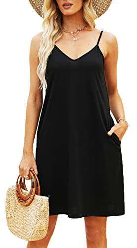 Utitrane Kleid Damen Sommer Spaghetti-Träge V-Ausschnitt Freizeitkleid Einfarbig Leicht Schick Strand Outfit mit Taschen (XXL, Schwarz) von Utitrane