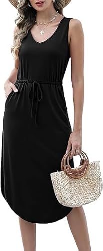 Utitrane Kleider Damen Sommer Freizeit Lose Sommerkleid Strand Urlaub Midikleid V-Ausschnitt Tunikakleid Tshirt Kleid (XL, Schwarz) von Utitrane