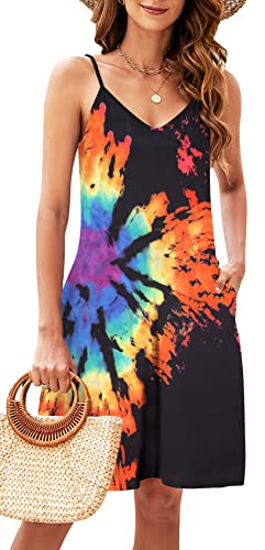 Utitrane Sommerkleid Damen Knielang Luftig Strandkleid Ärmellos Sommer Kurz Kleider Elegant Blumenkleid (Schwarz Regenbogen, M) von Utitrane