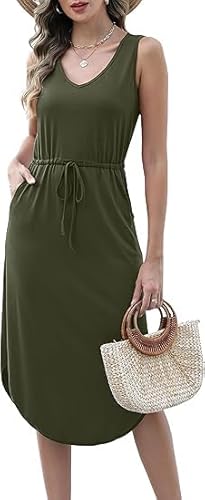 Utitrane Tunikakleid Damen Sommer Lang Kleider Solid Kordelzug V-Ausschnitt Strandkleid Elegant Freizeitkleid mit Taschen (S, Armeegrün) von Utitrane