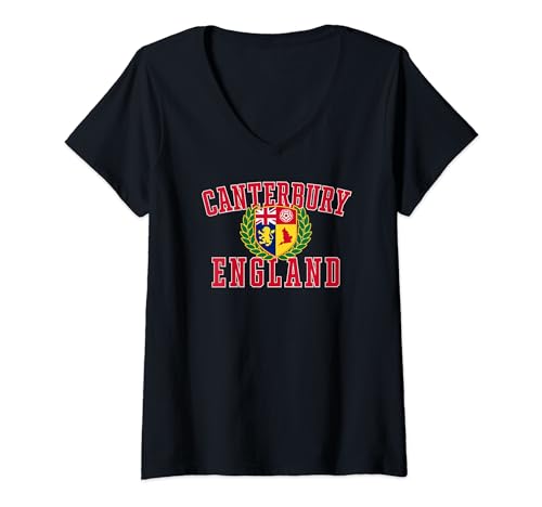 Damen Canterbury England Wappen T-Shirt mit V-Ausschnitt von Utopia Sport Canterbury England Shop