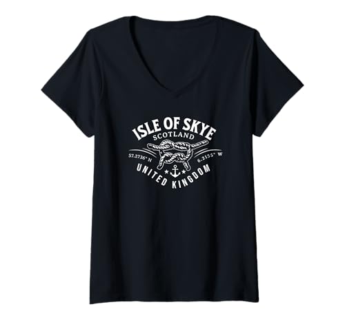 Damen Isle of Skye Schottland Vereinigtes Königreich Koordinaten weißer Druck T-Shirt mit V-Ausschnitt von Utopia Sport Isle of Skye Scotland Shop