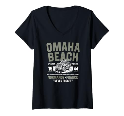 Damen Omaha Beach 1944 Normandie Frankreich Never Forget T-Shirt mit V-Ausschnitt von Utopia Sport Military Shop