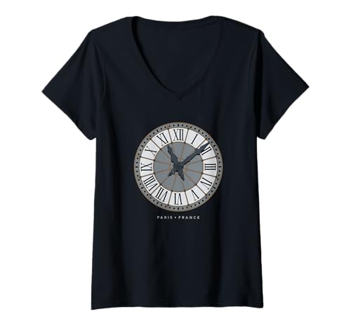 Damen Paris Frankreich Kunstmuseum ikonische Uhr T-Shirt mit V-Ausschnitt von Utopia Sport Paris France Shop
