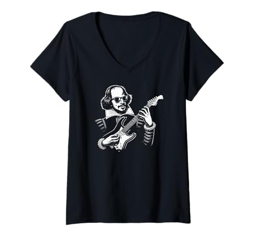 Damen Shakespeare Rocks! William Shakespeare E-Gitarre lustig T-Shirt mit V-Ausschnitt von Utopia Sport Shakespeare Shop