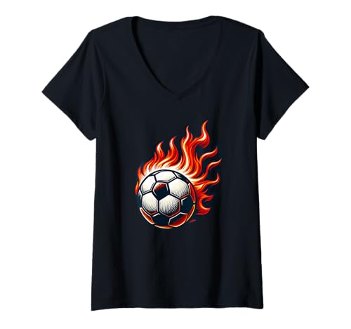 Damen Flammender Fußball T-Shirt mit V-Ausschnitt Damen Flammender Fußball T-Shirt mit V-Ausschnitt von Utopia Sport Soccer Shop