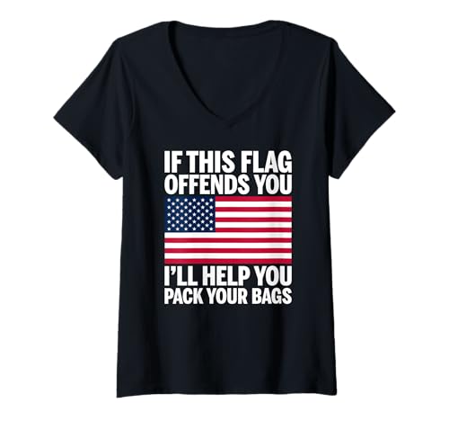 Damen Wenn Diese Flagge der USA Sie beleidigt, helfe ich Ihnen beim Kofferpacken T-Shirt mit V-Ausschnitt von Utopia Sport USA Shop