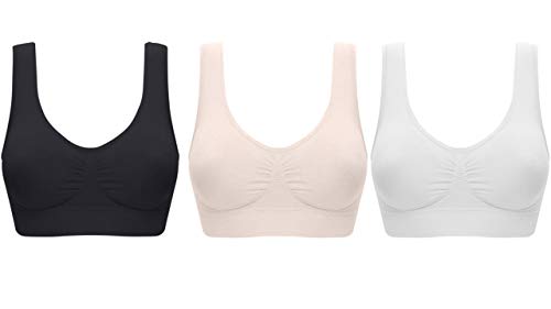 UtopyaUK 3er Pack Komfort BH Gepolstert Damen Mädchen Crop Top mit Pads Nahtlos Schlaf Yoga Bralette Freizeit Stretch Sport Weste breite Träger Vorteilspack Gr. XL, Weiß/Schwarz/Nude von UtopyaUK