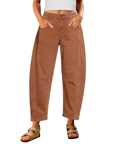 Utyful Barrel Jeans Damen Cropped Baggy Trendy Hohe Taille Distressed Loose Stretch Denim Hose Jeans mit Taschen, Caramel, XX-Large von Utyful