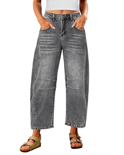 Utyful Barrel Jeans Damen Cropped Baggy Trendy Hohe Taille Distressed Loose Stretch Denim Hose Jeans mit Taschen, Fuchsgrau, Groß von Utyful