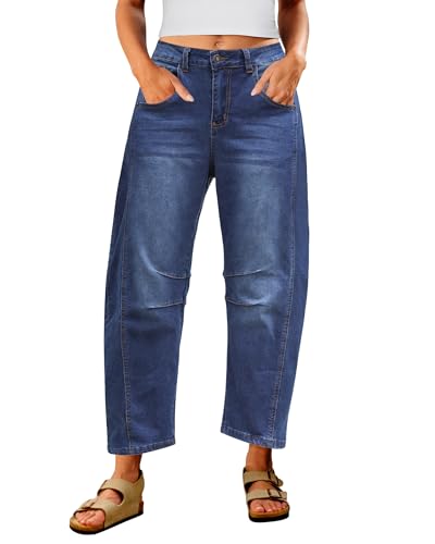 Utyful Barrel Jeans Damen Cropped Baggy Trendy Hohe Taille Distressed Loose Stretch Denim Hose Jeans mit Taschen, Klassisches Blau, S von Utyful