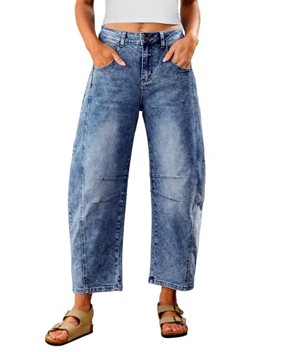 Utyful Barrel Jeans Damen Cropped Baggy Trendy Hohe Taille Distressed Loose Stretch Denim Hose Jeans mit Taschen, Mitternachtsblau, Groß von Utyful
