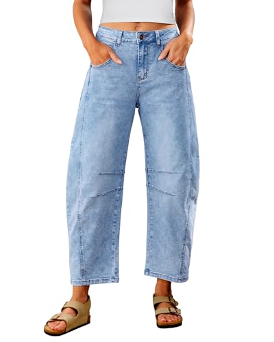 Utyful Barrel Jeans Damen Cropped Baggy Trendy Hohe Taille Distressed Loose Stretch Denim Hose Jeans mit Taschen, Roadnight Blue, M von Utyful