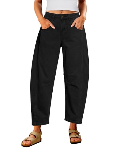 Utyful Barrel Jeans Damen Cropped Baggy Trendy Hohe Taille Distressed Loose Stretch Denim Hose Jeans mit Taschen, true black, M von Utyful